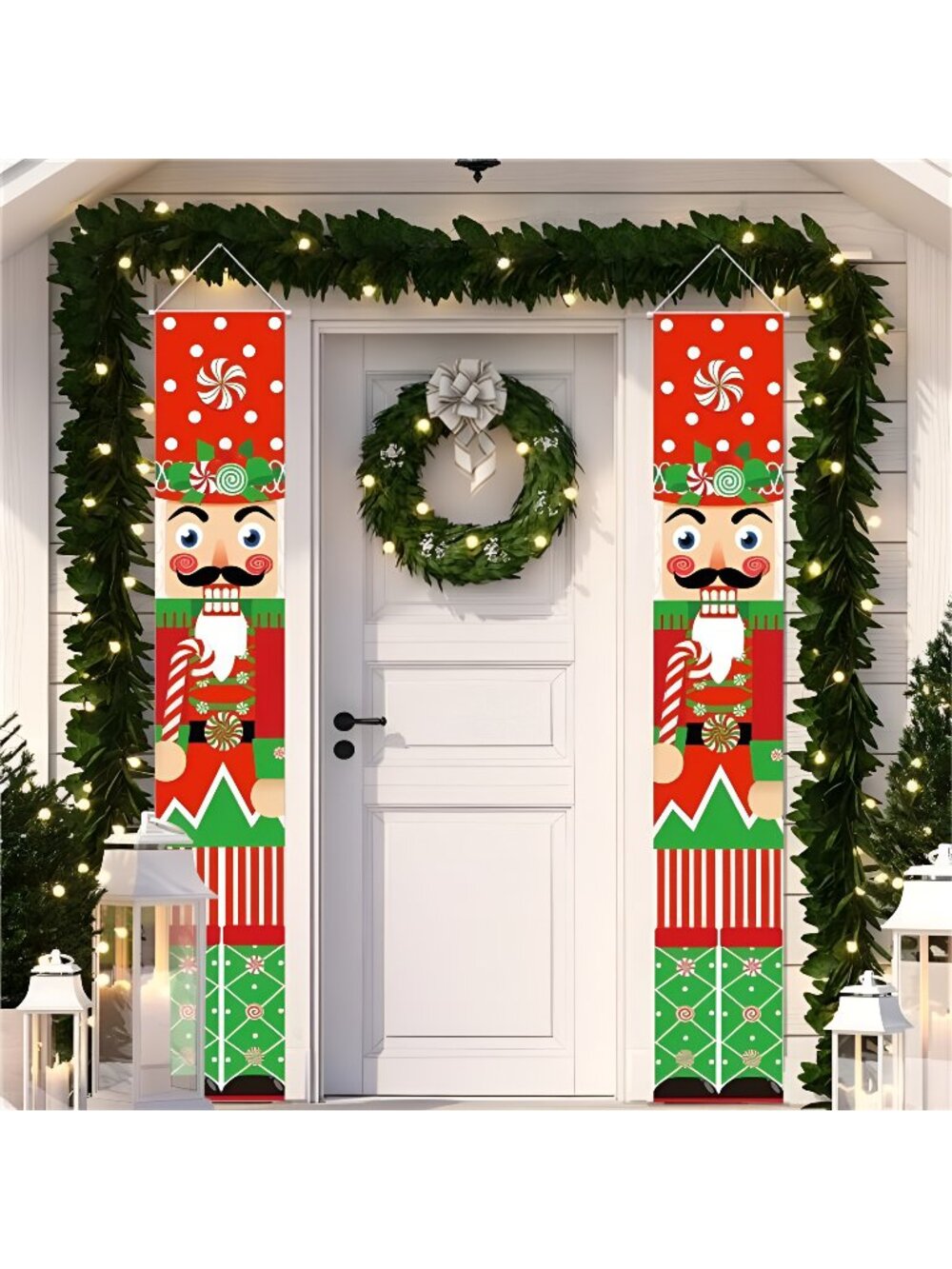 2 Pcs Christmas Nutcracker Door Banners Nutcracker Soldier Porch Sign Cane Candy